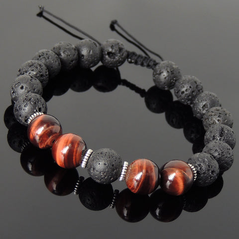 Men's Women Lava Rock Red Tiger Eye Adjustable Braided Bracelet Tibetan Silver Spacers DiyNotion TSB270