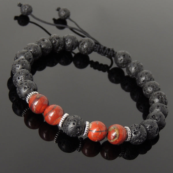 Men's Women Lava Rock Red Jasper Stone Adjustable Braided Bracelet Tibetan Silver Spacers DiyNotion TSB276