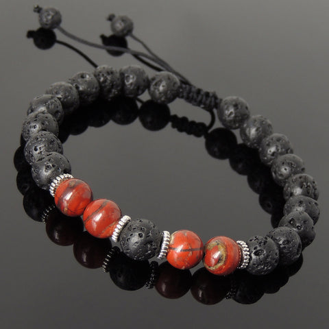 Men's Women Lava Rock Red Jasper Stone Adjustable Braided Bracelet Tibetan Silver Spacers DiyNotion TSB276