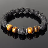 Men's Women Bracelet Lava Rock Brown Tiger Eye Tibetan Silver Yoga Mala DiyNotion Handmade T277