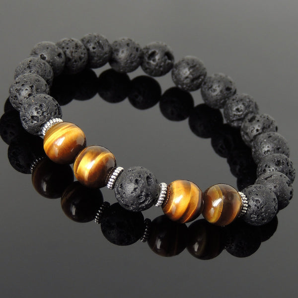 Men's Women Bracelet Lava Rock Brown Tiger Eye Tibetan Silver Yoga Mala DiyNotion Handmade T277