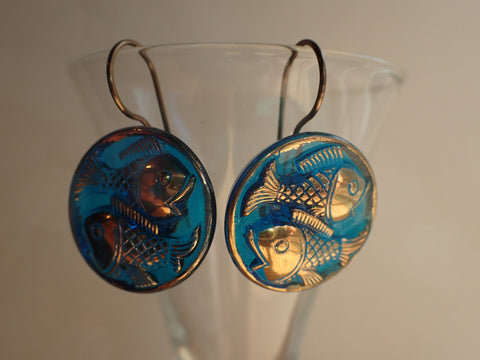 Antique Blue Glass Button Earrings, Gold Luster, Vintage Fish Pisces Buttons, Brass Copper Ear Wires, Pisces Earrings, Fish Earrings, BGE283