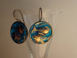 Antique Blue Glass Button Earrings, Gold Luster, Vintage Fish Pisces Buttons, Brass Copper Ear Wires, Pisces Earrings, Fish Earrings, BGE283