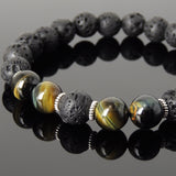 Men's Women Bracelet Lava Rock Brown Blue Tiger Eye Tibetan Silver Yoga Mala DiyNotion Handmade T279