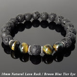 Men's Women Bracelet Lava Rock Brown Blue Tiger Eye Tibetan Silver Yoga Mala DiyNotion Handmade T279