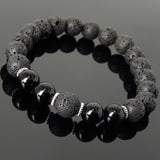 Men's Women Bracelet Lava Rock Bright Black Onyx Tibetan Silver Yoga Mala DiyNotion Handmade T282