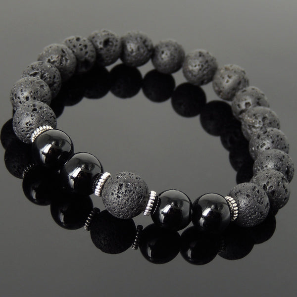 Men's Women Bracelet Lava Rock Bright Black Onyx Tibetan Silver Yoga Mala DiyNotion Handmade T282