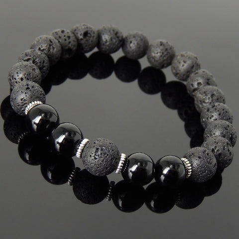Men's Women Bracelet Lava Rock Bright Black Onyx Tibetan Silver Yoga Mala DiyNotion Handmade T282