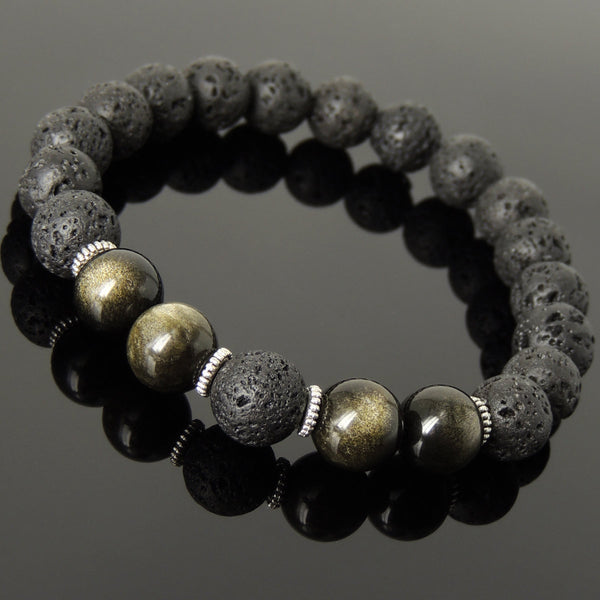 Men's Women Bracelet Lava Rock Golden Obsidian Tibetan Silver Yoga Mala DiyNotion Handmade T284
