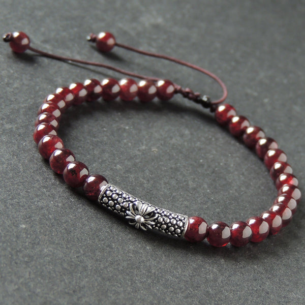 Men's Women Garnet Adjustable Braided Bracelet 925 Sterling Silver Cross Charm DiyNotion BR995