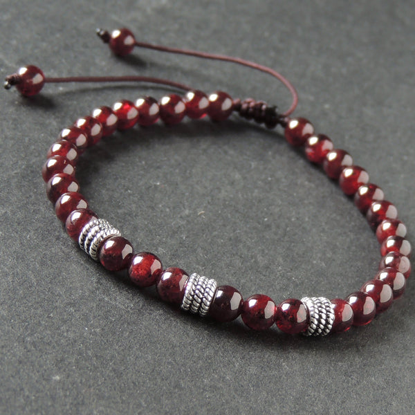 Men's Women Garnet Adjustable Braided Bracelet 925 Sterling Silver Spacers DiyNotion BR997
