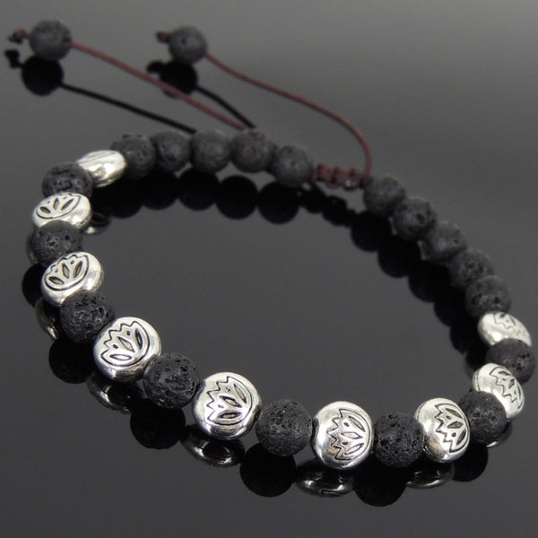 Men's Women Lava Rock Adjustable Braided Bracelet Tibetan Silver Lotus Beads DiyNotion T239
