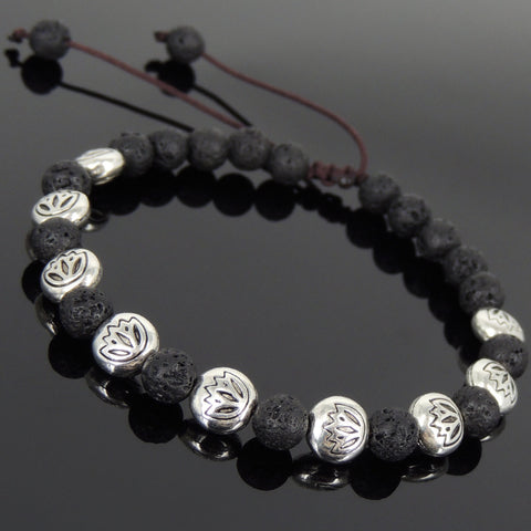 Men's Women Lava Rock Adjustable Braided Bracelet Tibetan Silver Lotus Beads DiyNotion T239