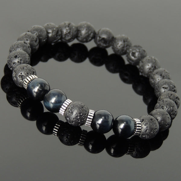 Men Women Lava Rock Blue Tiger Eye Bracelet 925 Sterling Silver Spacers DiyNotion Handmade BR1002