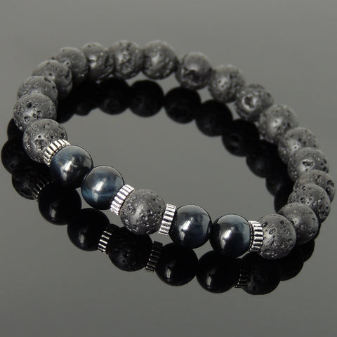 Men Women Lava Rock Blue Tiger Eye Bracelet 925 Sterling Silver Spacers DiyNotion Handmade BR1002