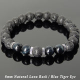 Men Women Lava Rock Blue Tiger Eye Bracelet 925 Sterling Silver Spacers DiyNotion Handmade BR1002