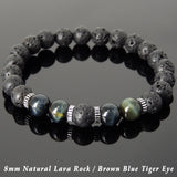 Men Women Lava Rock Brown Blue Tiger Eye Bracelet 925 Sterling Silver Spacers DiyNotion Handmade BR1003