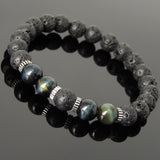 Men Women Lava Rock Brown Blue Tiger Eye Bracelet 925 Sterling Silver Spacers DiyNotion Handmade BR1003