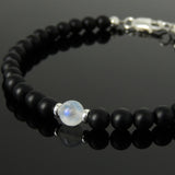Men's Women Matte Black Onyx Strong Flash Moonstone Bracelet with 925 Sterling Silver Clasp DiyNotion Handmade BR1044
