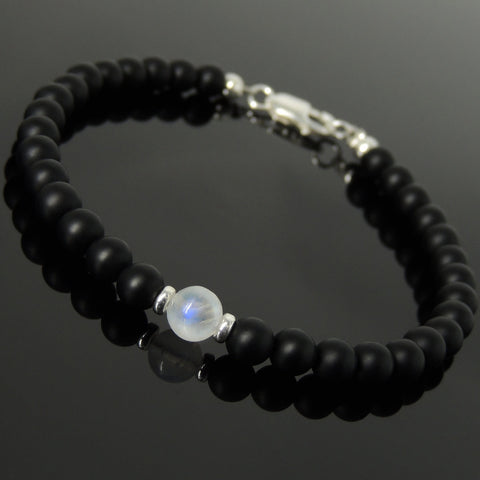 Men's Women Matte Black Onyx Strong Flash Moonstone Bracelet with 925 Sterling Silver Clasp DiyNotion Handmade BR1044