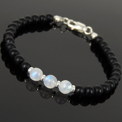 Men's Women Matte Black Onyx Strong Flash Moonstone Bracelet with 925 Sterling Silver Clasp DiyNotion Handmade BR1045
