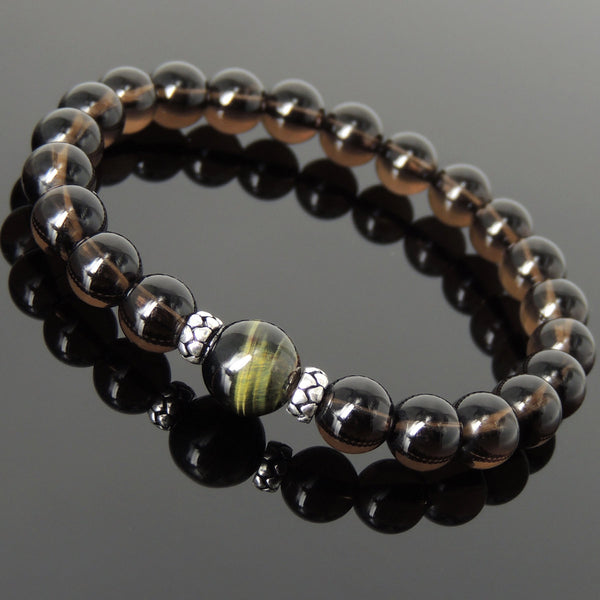 Men's Women Smoky Quartz Brown Blue Tiger Eye Bracelet 925 Sterling Silver Spacers DiyNotion BR1046