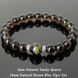Men's Women Smoky Quartz Brown Blue Tiger Eye Bracelet 925 Sterling Silver Spacers DiyNotion BR1046