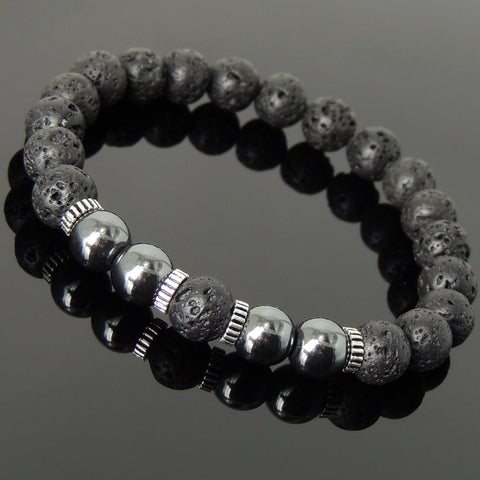Men Women Lava Rock Hematite Bracelet 925 Sterling Silver Spacers DiyNotion Handmade BR1011