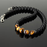 Men's Women Matte Black Onyx Brown Tiger Eye Necklace 925 Sterling Silver Spacers Clasp DiyNotion Handmade NK163