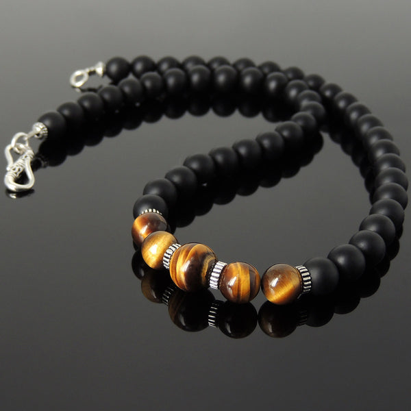 Men's Women Matte Black Onyx Brown Tiger Eye Necklace 925 Sterling Silver Spacers Clasp DiyNotion Handmade NK163