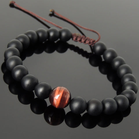 Men's Women Matte Black Onyx Red Tiger Eye Adjustable Braided Bracelet DiyNotion Handmade BR1050