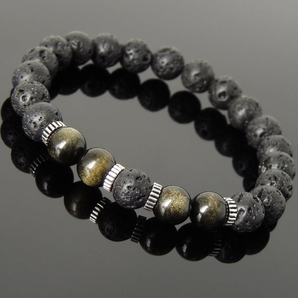Men Women Lava Rock Golden Obsidian Bracelet 925 Sterling Silver Spacers DiyNotion Handmade BR1012