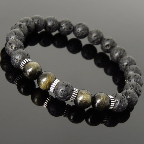 Men Women Lava Rock Golden Obsidian Bracelet 925 Sterling Silver Spacers DiyNotion Handmade BR1012