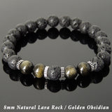 Men Women Lava Rock Golden Obsidian Bracelet 925 Sterling Silver Spacers DiyNotion Handmade BR1012