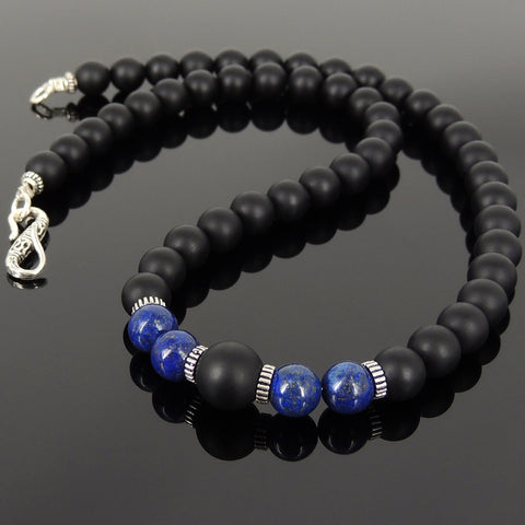 Men's Women Matte Black Onyx Lapis Lazuli Necklace 925 Sterling Silver Spacers Clasp DiyNotion Handmade NK166