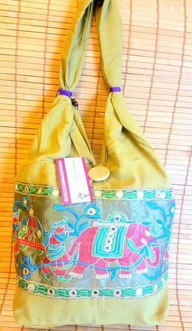 Yellow hand embroidered Elephant purse