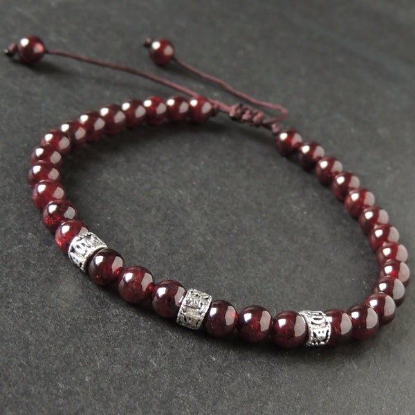 Men's Women Garnet Adjustable Braided Bracelet Tibetan Silver OM Buddhism Spacers DiyNotion T294