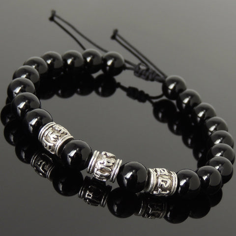 Men's Women Bright Black Onyx Adjustable Braided Bracelet Tibetan Silver OM Buddhism Beads DiyNotion T341