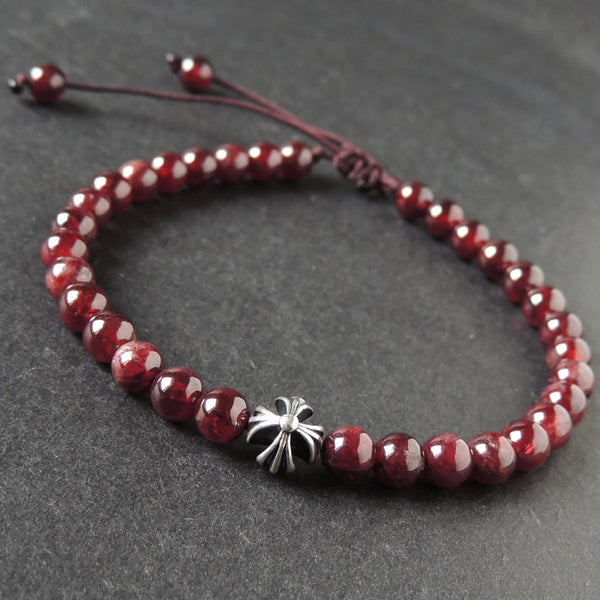 Men's Women Garnet Adjustable Braided Bracelet 925 Sterling Silver Cross Bead DiyNotion BR1015