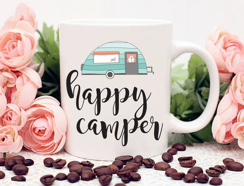 Happy Camper Mug, Camping Gift, Travel Quote Coffee Mug, Mountains are Calling, Camping Mug, Glamping Party, Adventure Mug, Travel Trailer
