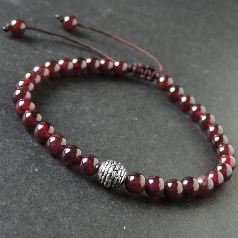 Men's Women Garnet Adjustable Braided Bracelet 925 Sterling Silver Round Bead DiyNotion BR1016
