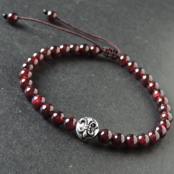 Men's Women Garnet Adjustable Braided Bracelet 925 Sterling Silver Fleur de Lis Bead DiyNotion BR1017