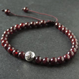 Men's Women Garnet Adjustable Braided Bracelet 925 Sterling Silver OM Buddhism Bead DiyNotion BR1019