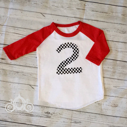 Checkered Flag Custom Unisex Raglan Personalized Shirt Girl Boy Birthday Baby Shower Gift Toddler Shirt