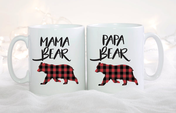 New Parent Gift, Mama Bear and Papa Bear Mug Set of 2, Bear Mug, Buffalo Plaid Rustic Style, Mama And Papa Bear, Coffee Mugs, Buffalo Check
