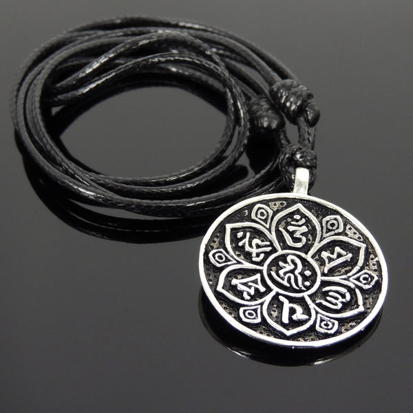 Men's Women Adjustable Necklace 925 Sterling Silver OM Lotus Pendant with Wax Rope DiyNotion NK169