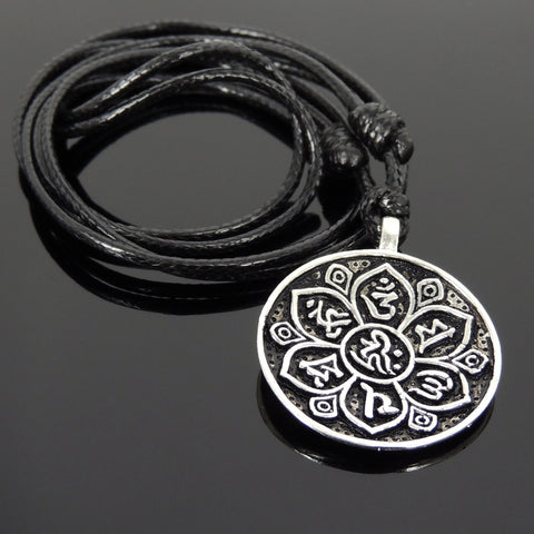 Men's Women Adjustable Necklace 925 Sterling Silver OM Lotus Pendant with Wax Rope DiyNotion NK169
