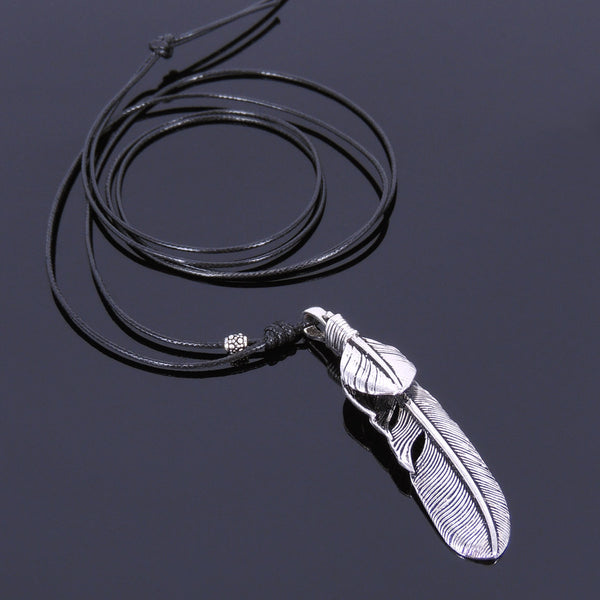 Men Women Handmade Adjustable Necklace with 925 Sterling Silver Feather Pendant Wax Rope  DiyNotion NK051