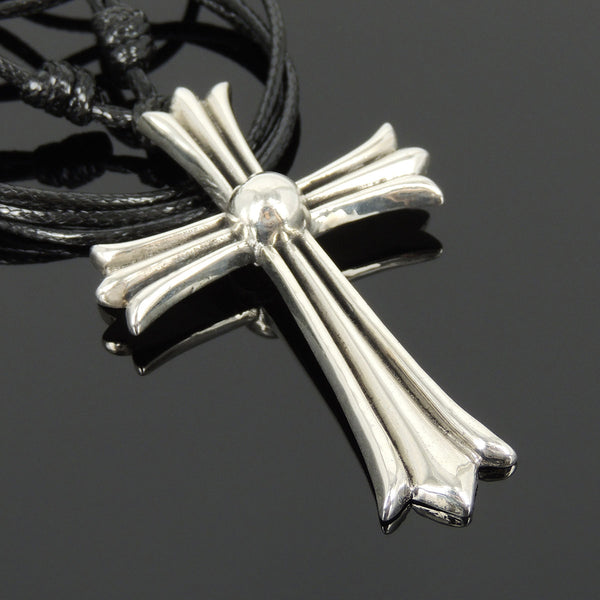 Men's Women Handmade Adjustable Necklace with 925 Sterling Silver Big Cross Pendant Wax Rope DiyNotion NK173