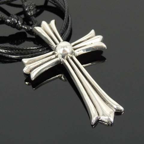 Men's Women Handmade Adjustable Necklace with 925 Sterling Silver Big Cross Pendant Wax Rope DiyNotion NK173